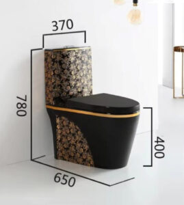 Bồn cầu đen hoa vàng xả siêu xoáy, phong cách hoàng gia B3778D Kích thước bồn cầu đen hoa vàng xả siêu xoáy