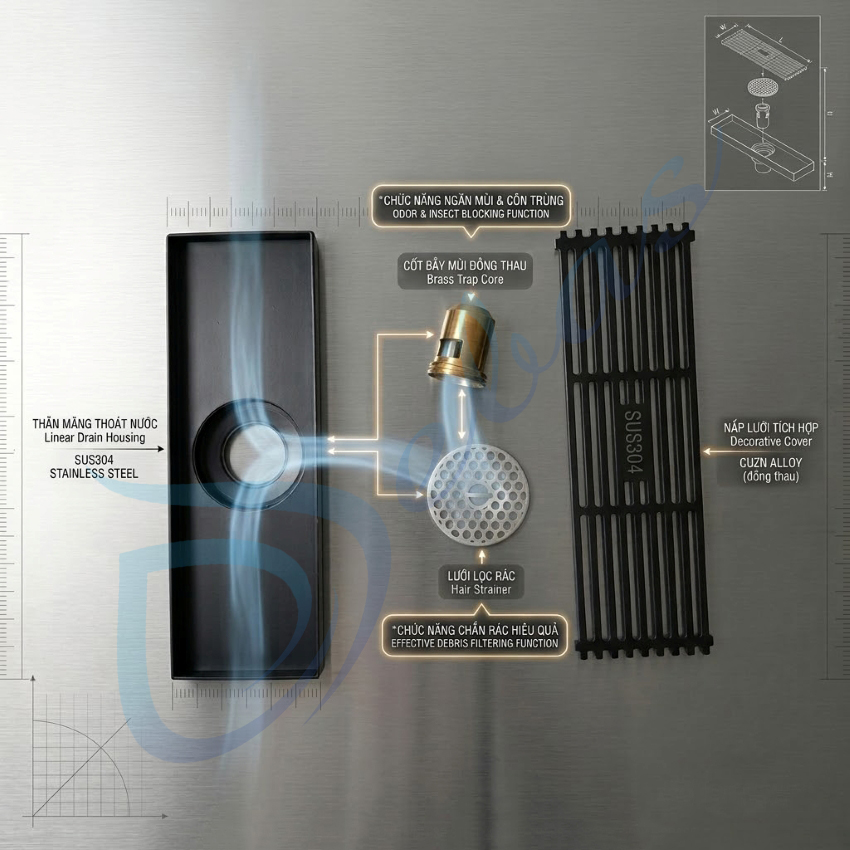 Pheu thu san thanh dai mau den bang inox 304 Phễu thu sàn inox 304 dạng thanh ngăn mùi hiệu quả