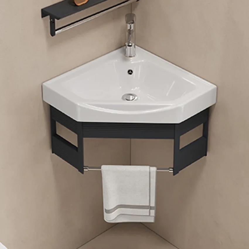 Bo lavabo treo tuong khung nhom mau den co guong va ke guong Lavabo treo góc tường có kệ treo