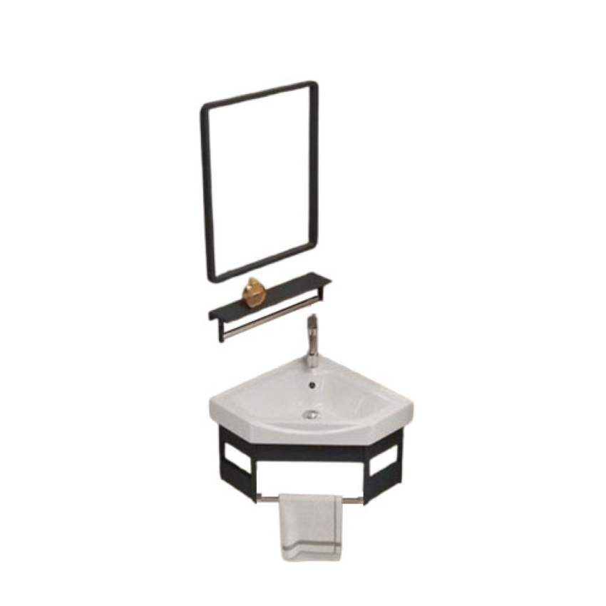 Bo lavabo treo tuong khung nhom mau den co guong va ke guong Bộ lavabo treo tường màu đen khung nhôm chắc chắn có vòi và siphong