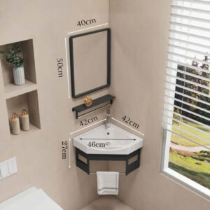 Bộ lavabo treo góc tường khung nhôm kèm gương và kệ gương Kích thước bộ lavabo treo tường màu đen