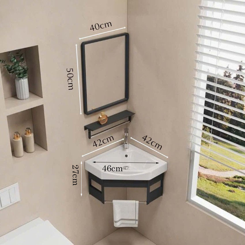Bo tu lavabo treo tuong khung nhom chac chan phu hop khong gian nha tam nho gon Kích thước bộ lavabo treo tường màu đen