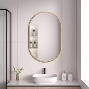 Gương nhà tắm treo tường viền nhôm thiết kế hiện đại G7050 Gương treo phòng tắm hình bầu dục viền nhôm vàng