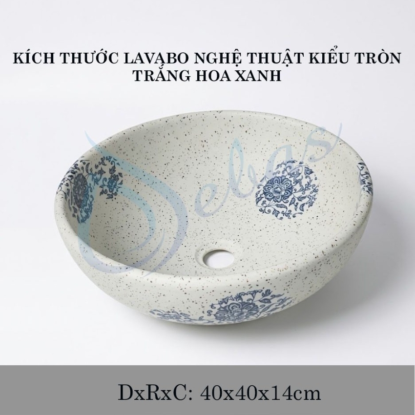 Lavabo nghe thuat kieu tron mau trang hoa xanh phong cach tan co dien Kích thước lavabo nghệ thuật kiểu tròn màu trắng hoa xanh