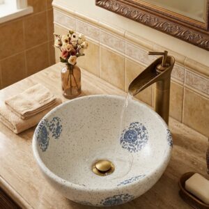 Lavabo nghệ thuật kiểu tròn màu trắng hoa xanh L4114TX Kích thước lavabo nghệ thuật kiểu tròn màu trắng hoa xanh cổ điển