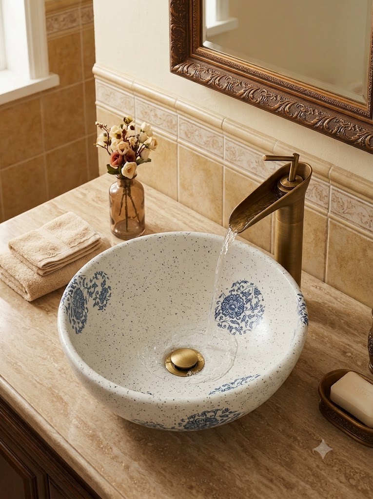 Lavabo nghe thuat kieu tron mau trang hoa xanh phong cach tan co dien Kích thước lavabo nghệ thuật kiểu tròn màu trắng hoa xanh cổ điển