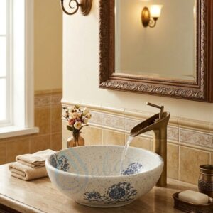 Lavabo nghệ thuật kiểu tròn màu trắng hoa xanh