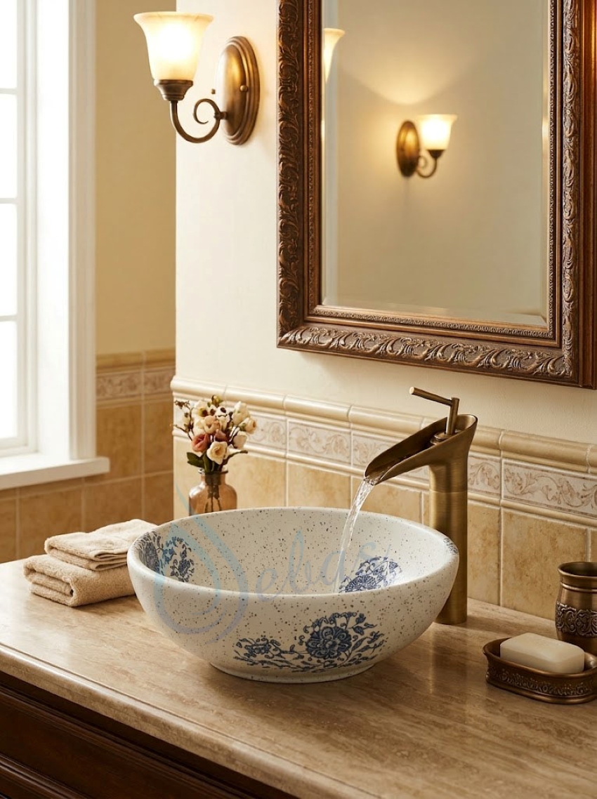Lavabo nghe thuat kieu tron mau trang hoa xanh phong cach tan co dien Lavabo nghệ thuật kiểu tròn màu trắng hoa xanh